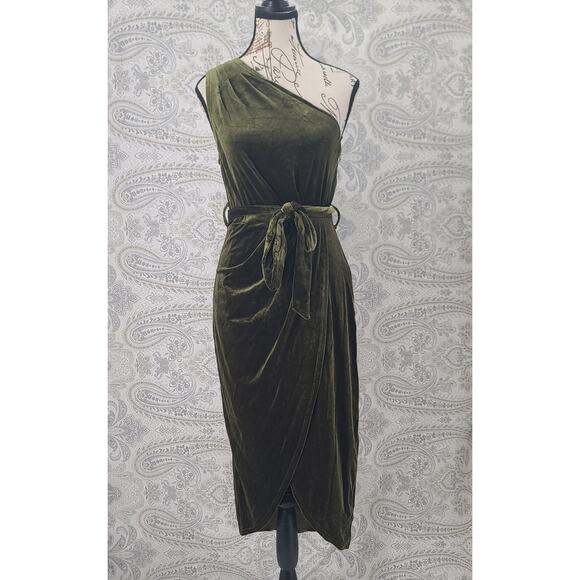 Merokeety Velvet one shoulder green dress Size Medium Goblincore Witchy Cocktail - Picture 2 of 11